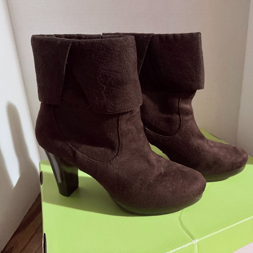 Predictions Dark Brown Faux Suede Heeled Boots Size 7.5